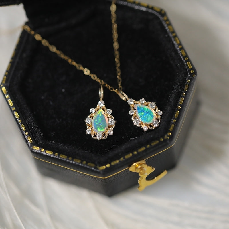 18K Solid Gold Necklace with 6 diamonds and genuine Australian Opal Gemstone Pendant Necklace
