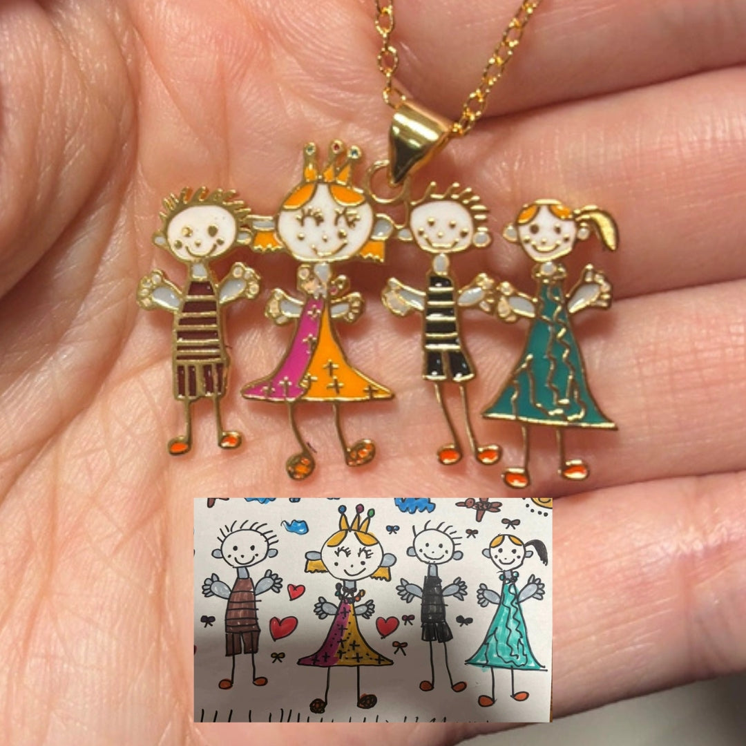 Gold necklace with cartoon-style pendant of a family on a hand.