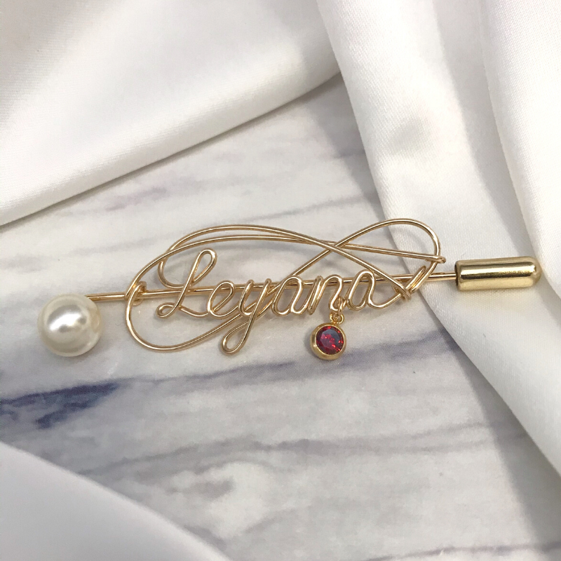 Personalized Wire Name Brooch With Birthstone - Lollimix 