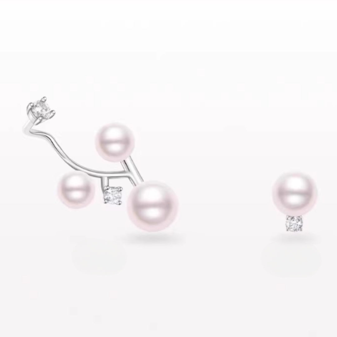 Pearl and diamond earrings with silver branches on a white background