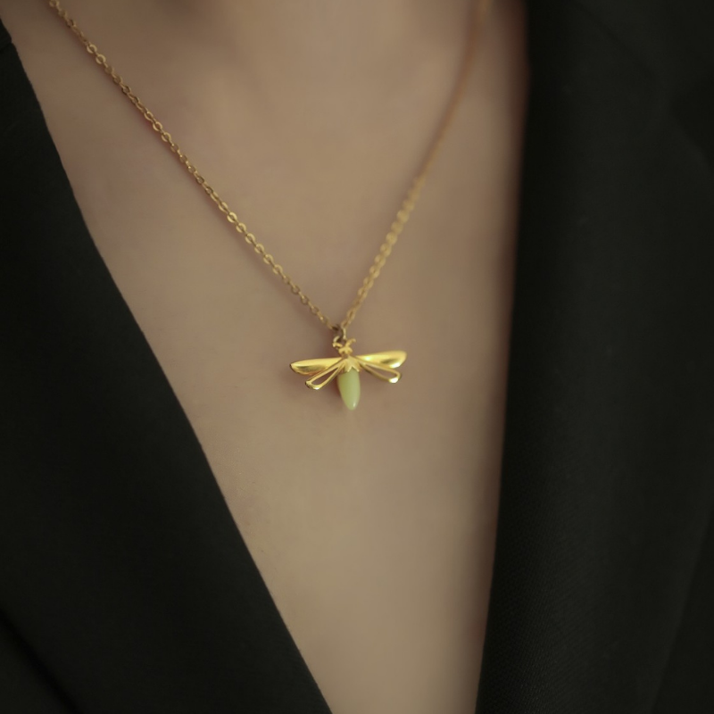 Lollimix Jewelry Collection - Glow in the dark firefly necklace made with 925 sterling silver and natural fluorite gemstone.