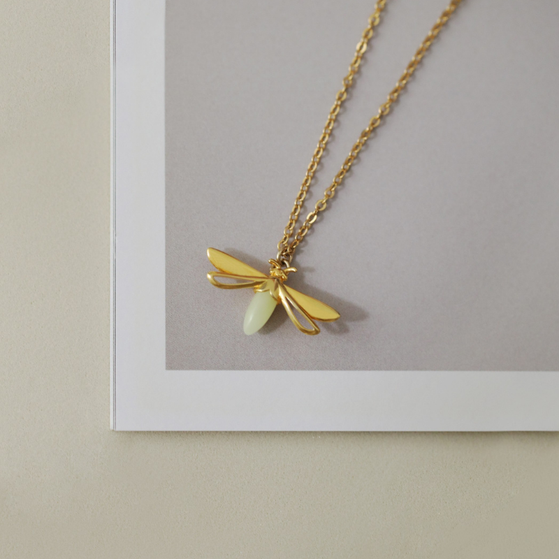 Lollimix Jewelry Collection - Glow in the dark firefly necklace made with 925 sterling silver and natural fluorite gemstone.