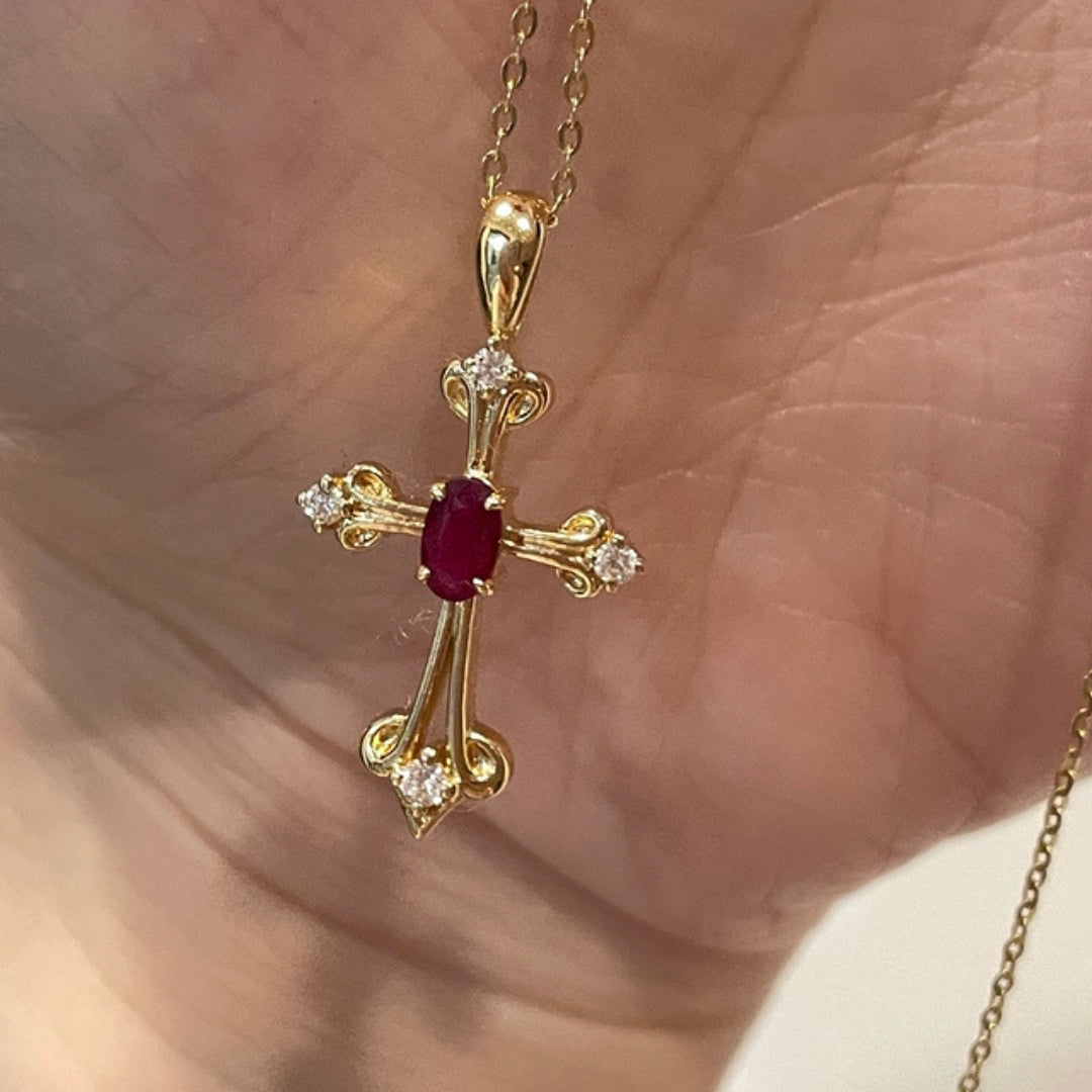 18K Gold Cross Pendant Necklace With Diamond on a hand. On-Model Image 2