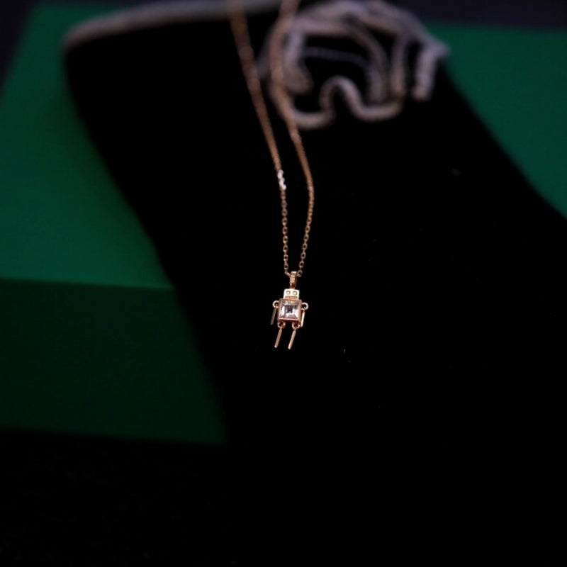 Gold Robot Charm Necklace with Genuine White Topaz Gemstone