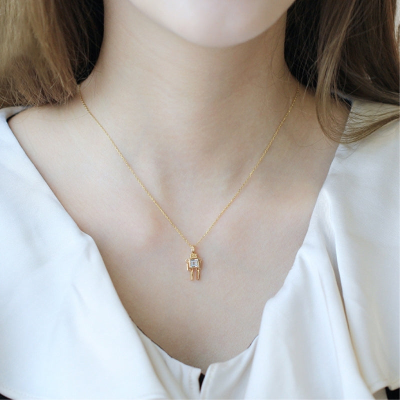 Gold Robot Charm Necklace with Genuine White Topaz Gemstone