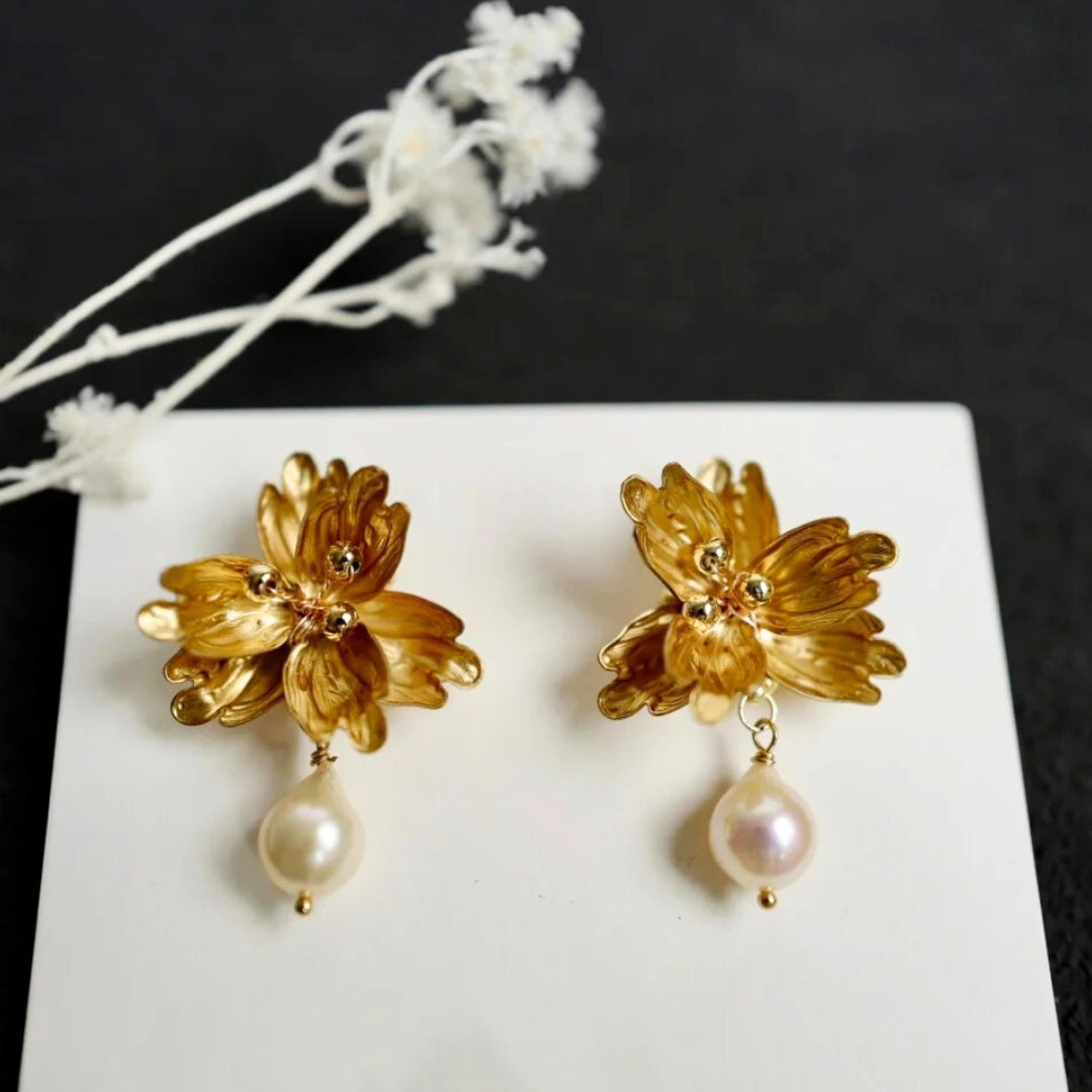 handcrafted gold flower earrings with pearl; unique bridal earrings with pearl drop;