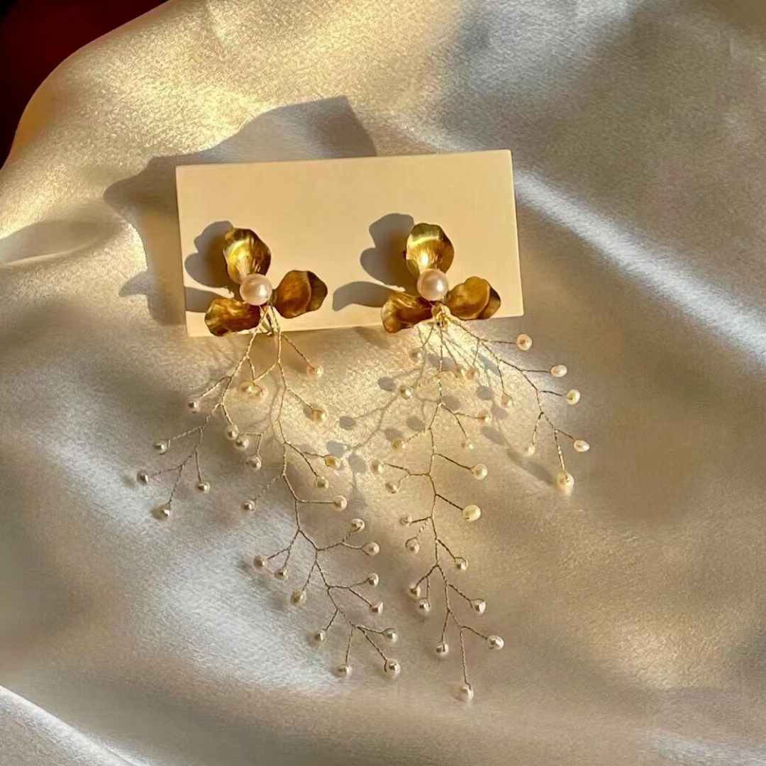 24K gold floral long dangle pearl earrings with freshwater pearls by Lollimix