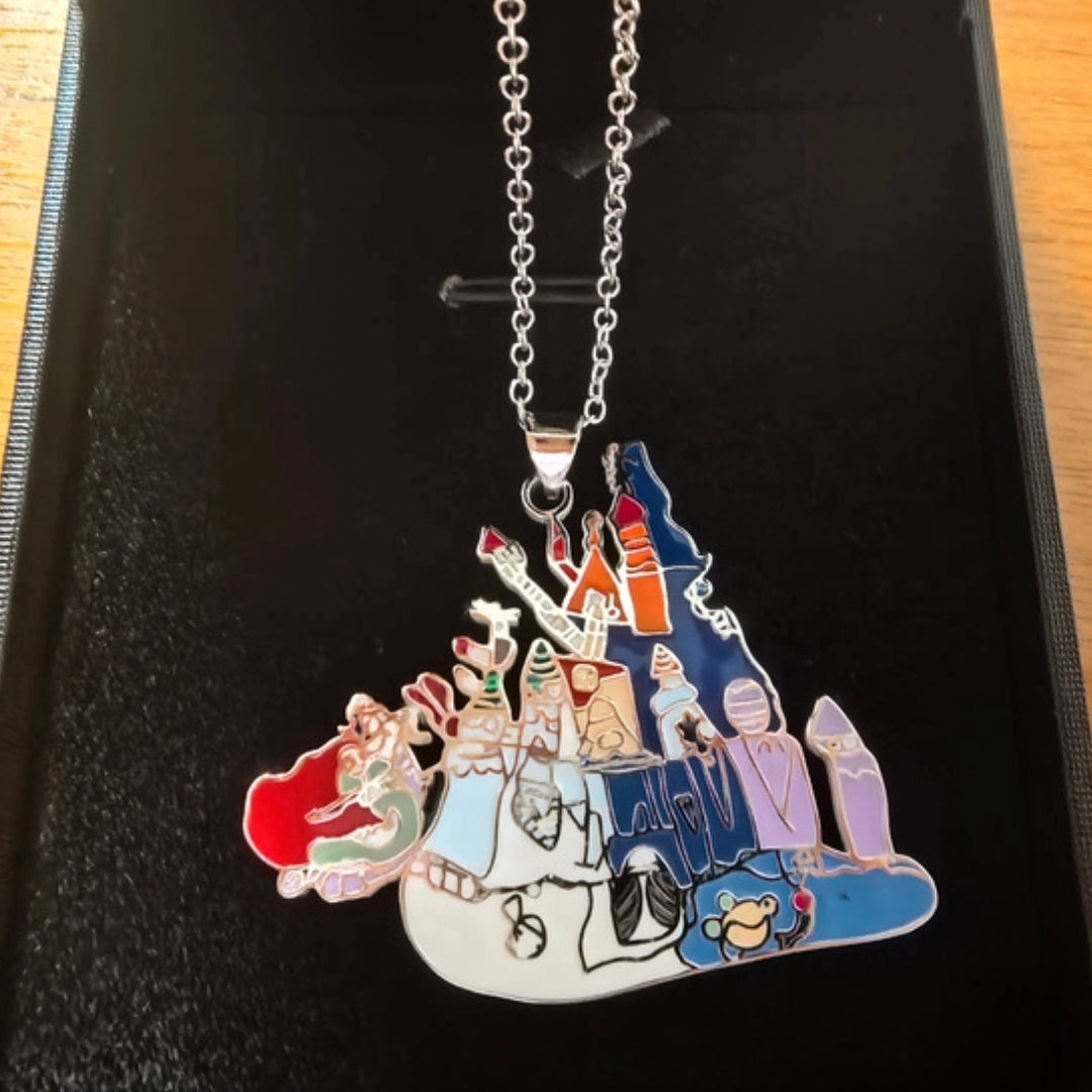 Colorful necklace with cartoon characters on a black background
