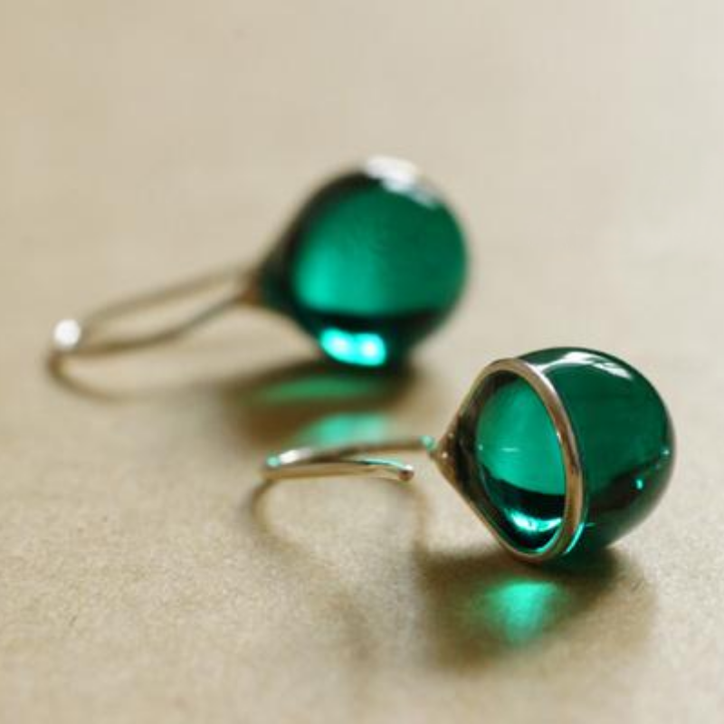 Japan Designer brand Knap handmade jewelry handcrafted glass stud earrings Emerald Green