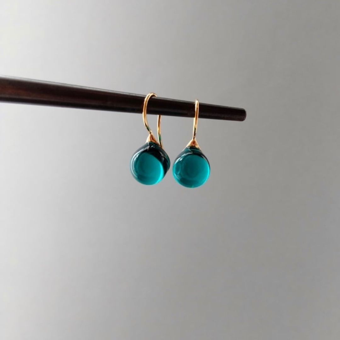 Japan Designer brand Knap handmade jewelry handcrafted glass stud earrings Emerald Green