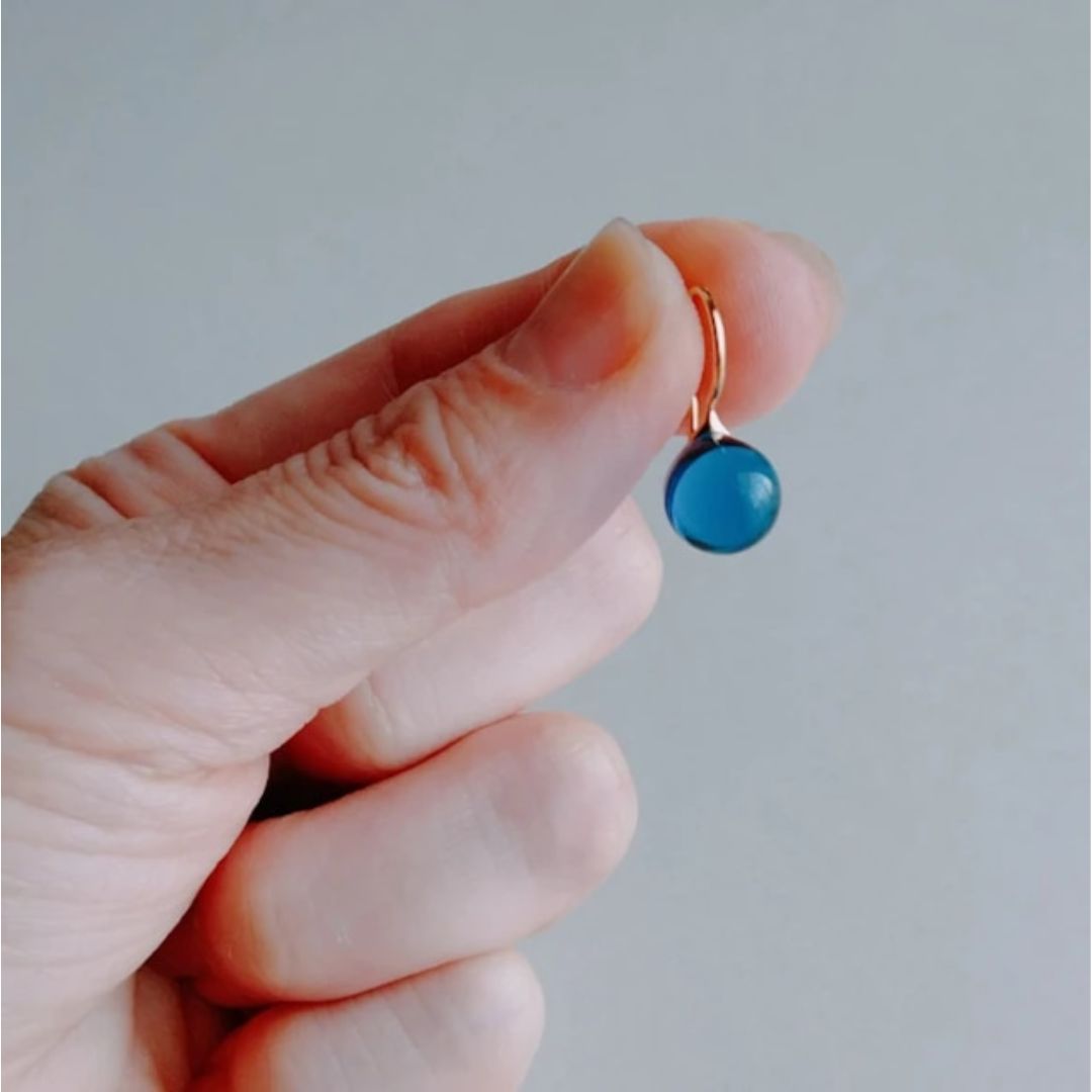 Japanese Artist Handcrafted Glass Round Dangling Earrings made with 23k Gold Vermeil in dream blue color