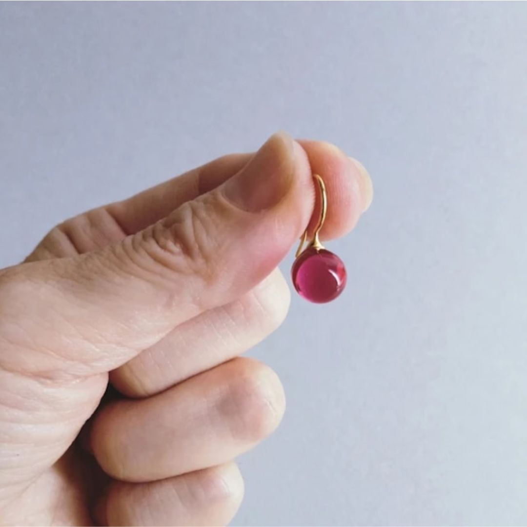 Japanese glass artist Handcrafted round glass drop earrings in fuchsia pink color made with 23K gold vermeil.