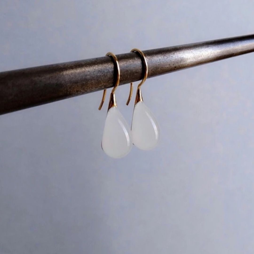 Japanese Artist Handcrafted Glass Teardrop Earrings in White made of 23K Gold Vermeil.