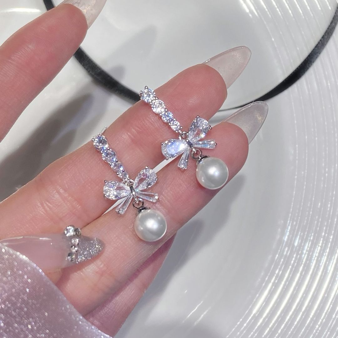 Dainty Petite Diamond Bow Earrings with Pearl 