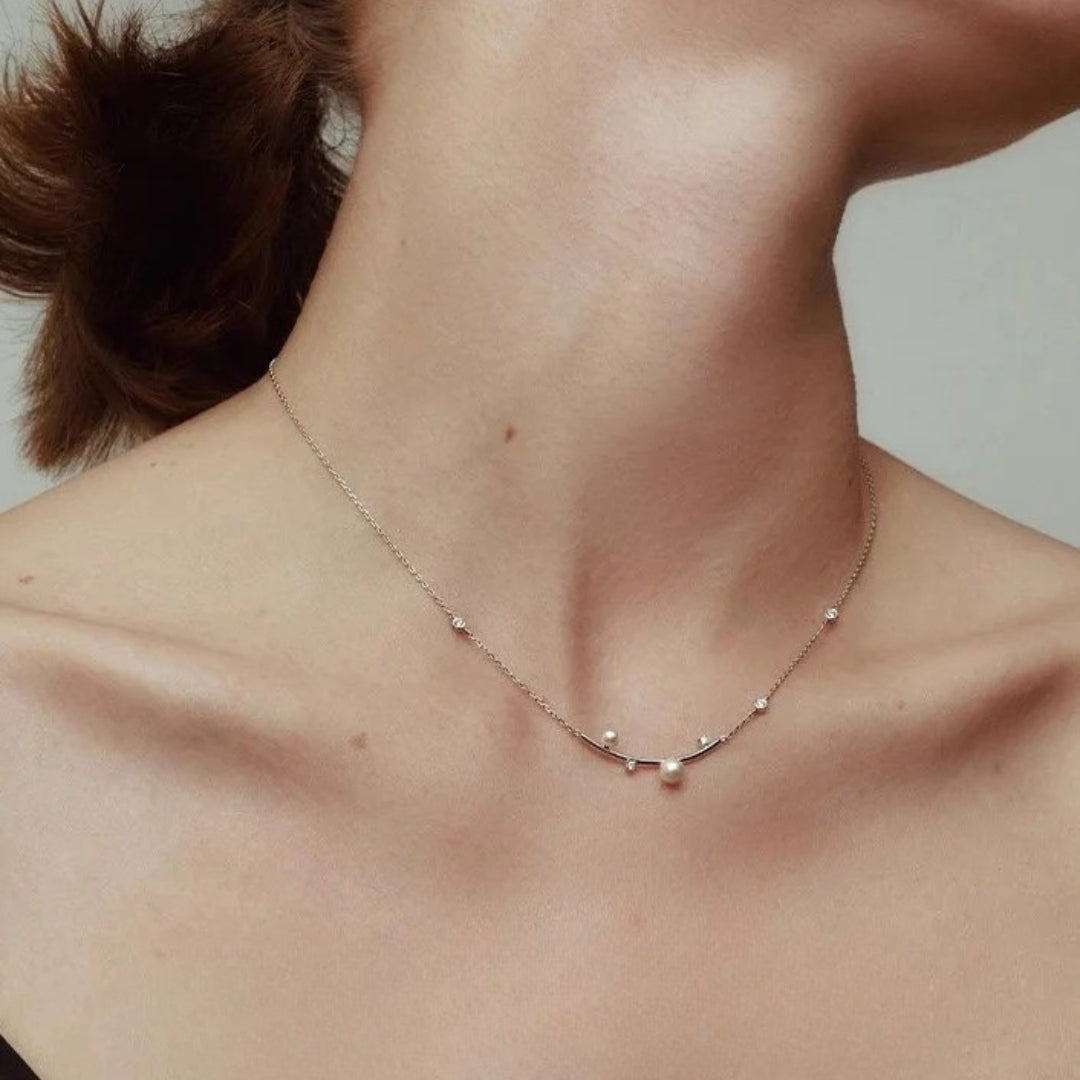 925 silver dainty pearl necklace with zircon bar pendant by Lollimix