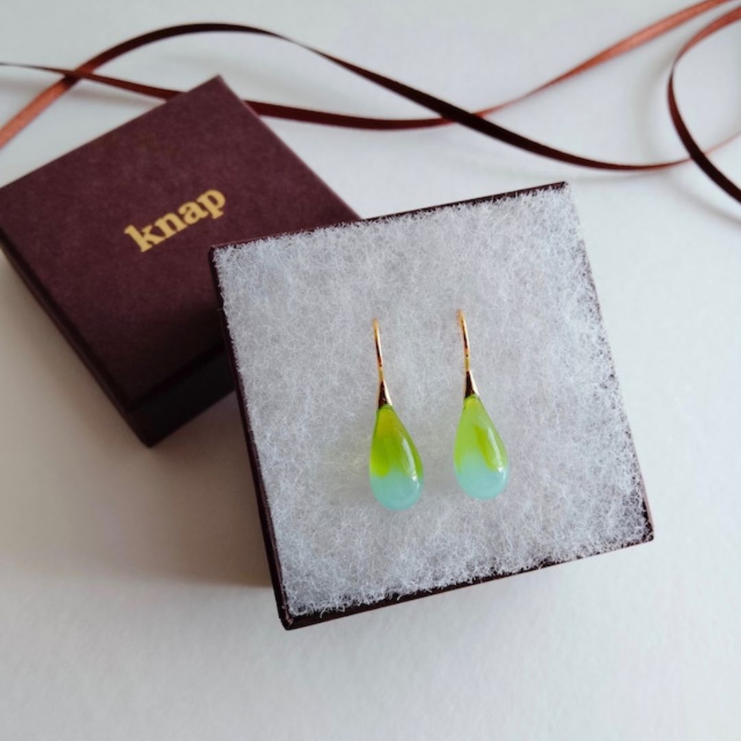 Hand made Glass Teardrop 23K Gold Vermeil Earrings Apple Green