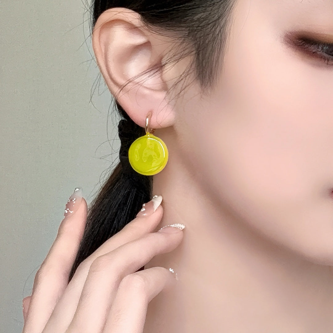 Yellow Glass Hoop & Stud Earrings | 18K Gold Plated Bold Geometric Jewelry On-Model Image 1