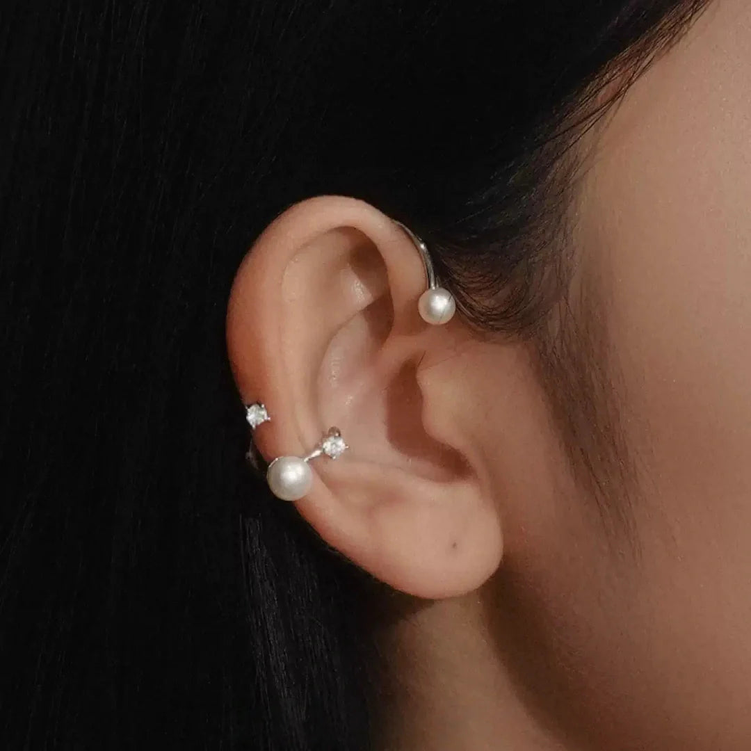 Illusion ear hook elegant S925 sterling silver and freshwater pearl earring wrap on model for a sophisticated gala look - model-look-1
