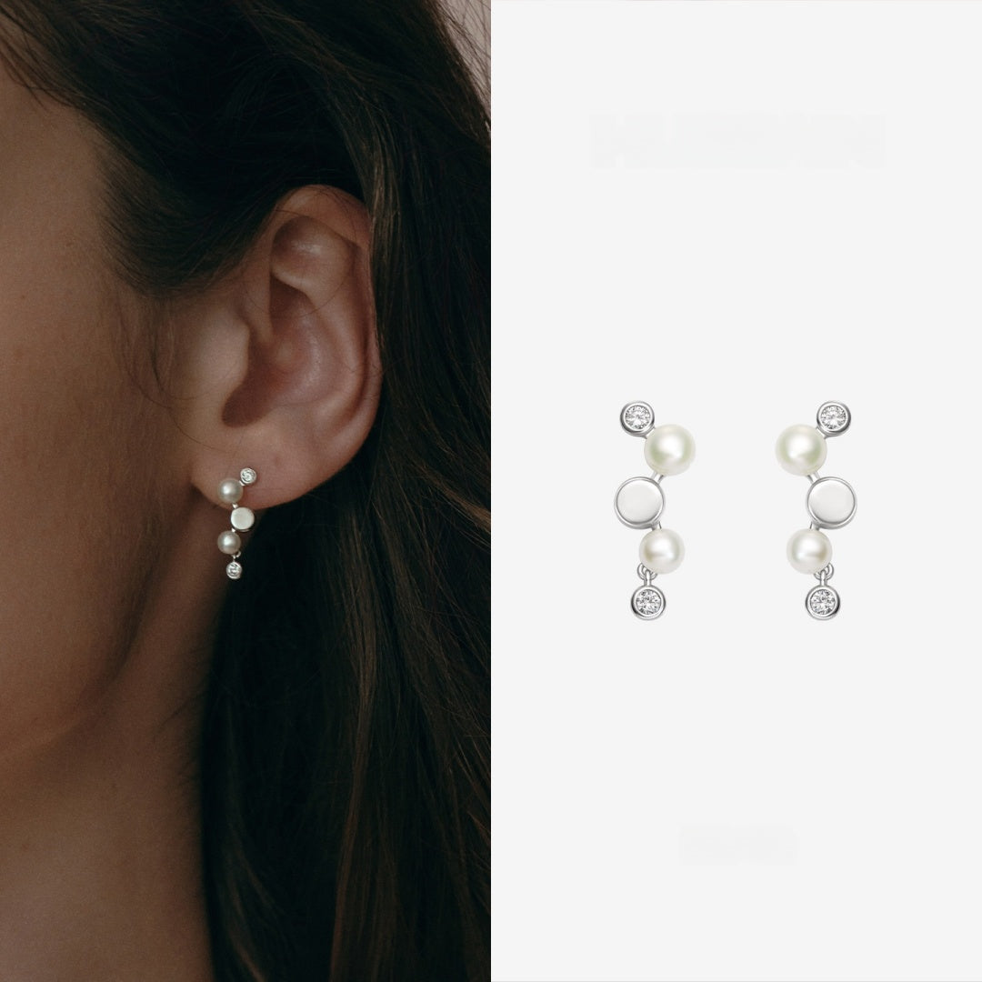 Illusion floating pearl earrings minimalist S925 silver studio product shot showing 19.5mm length - product-studio-3