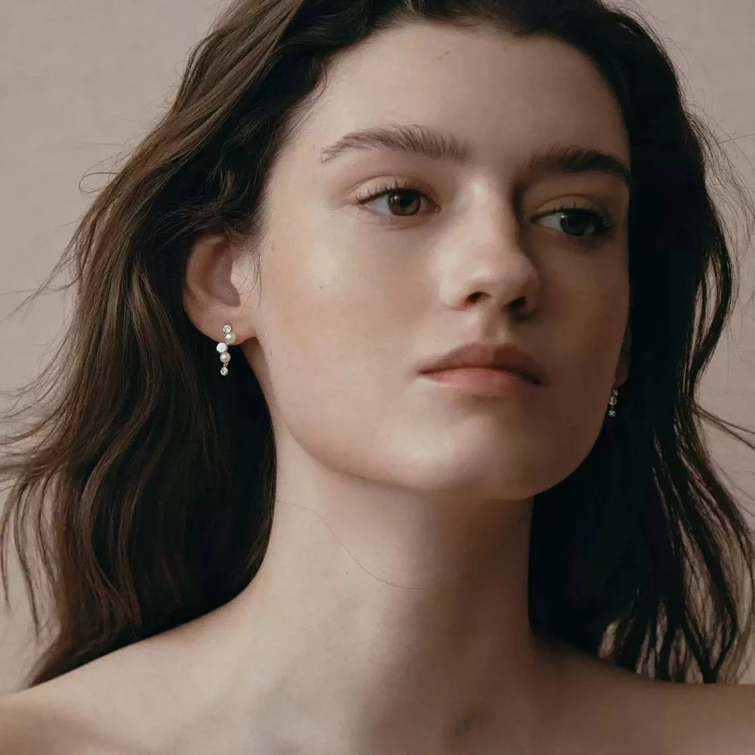 Illusion floating pearl earrings exquisite S925 silver with cubic zirconia highlighting ear profile - close-up-2