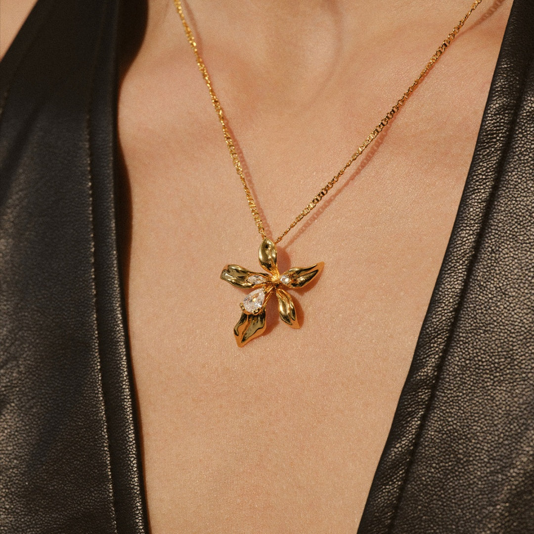 3D lily flower pendant vintage 18K gold plated jewelry for elegant daily wear - model-look-1