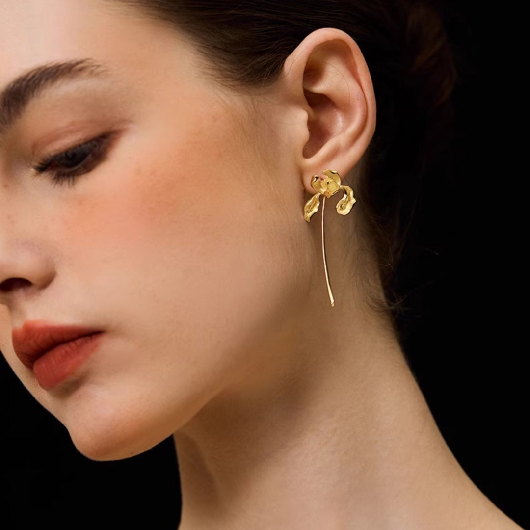 Sculptural Iris Drop Earrings Art Nouveau 925 Sterling Silver Elegant Ear Detail - Silver Model Close Up-3