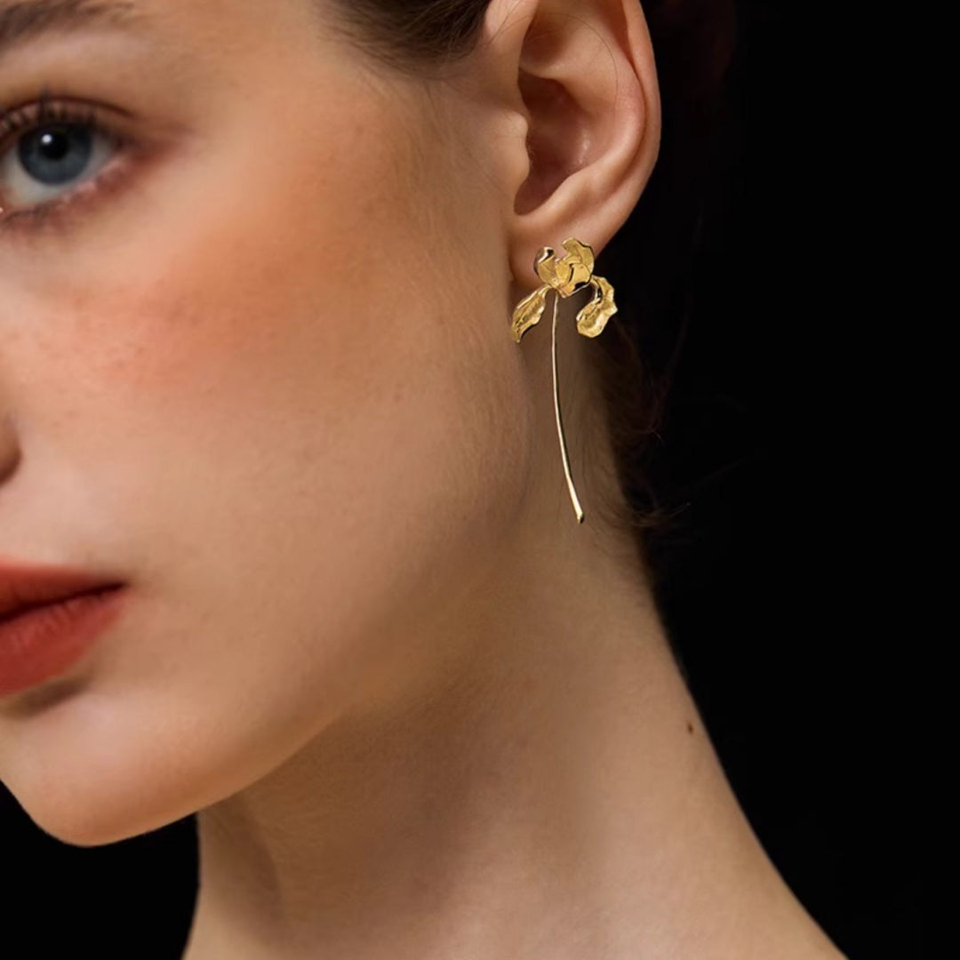 Sculptural Iris Drop Earrings Art Nouveau 925 Sterling Silver Elegant Ear Detail - Silver Model Close Up-1