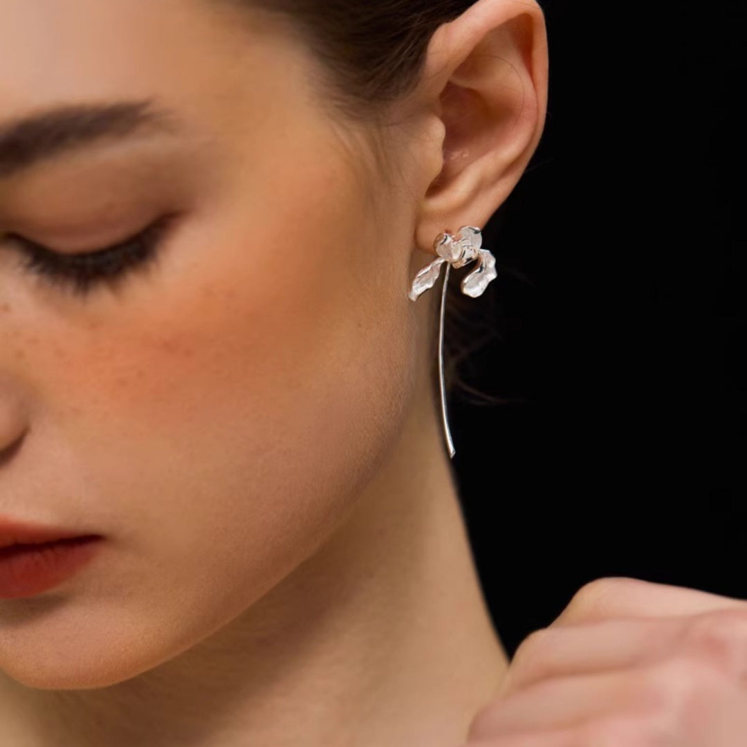 Sculptural Iris Drop Earrings Art Nouveau 925 Sterling Silver Elegant Ear Detail - Silver Model Close Up-2