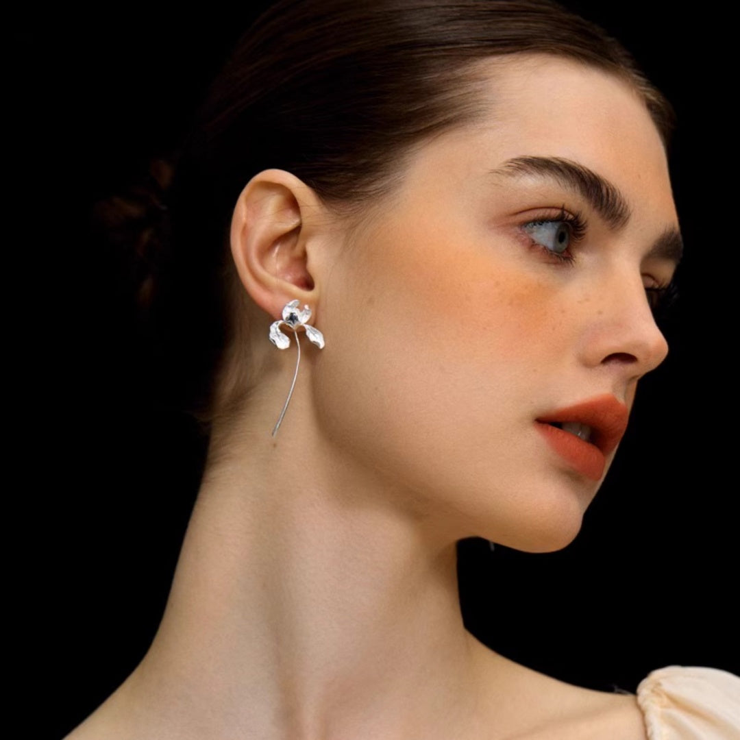 Sculptural Iris Drop Earrings Elegant 925 Sterling Silver Evening Wear Style - Silver Model Portrait