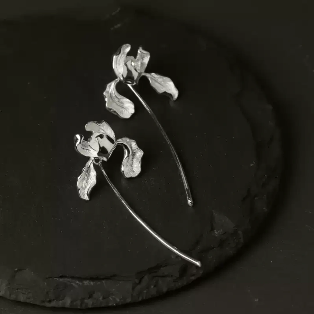 Sculptural Iris Drop Earrings Minimalist 18K Gold Plated Studio Flat Lay - silver Product View