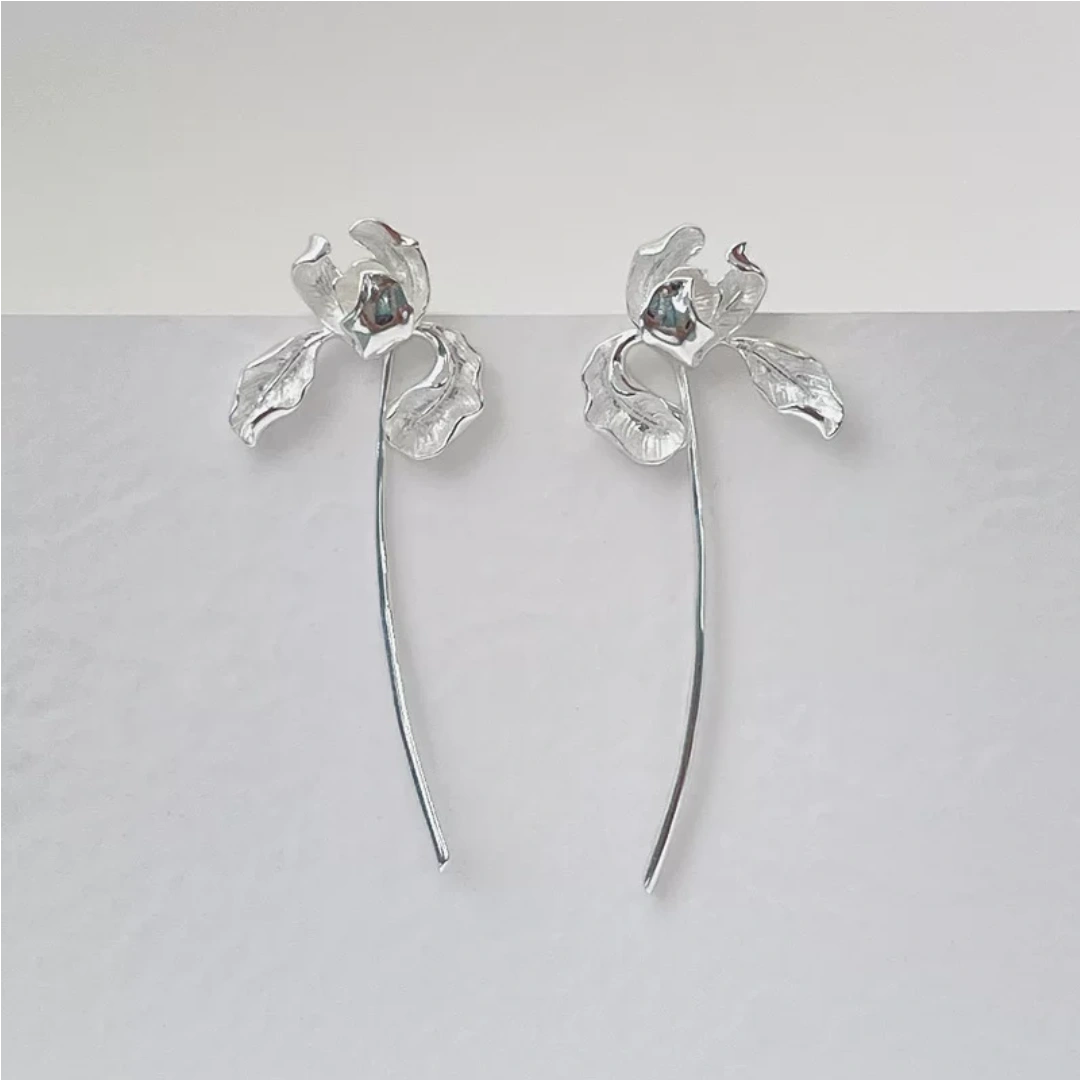 Sculptural Iris Drop Earrings Minimalist 18K Gold Plated Studio Flat Lay - silver Product View