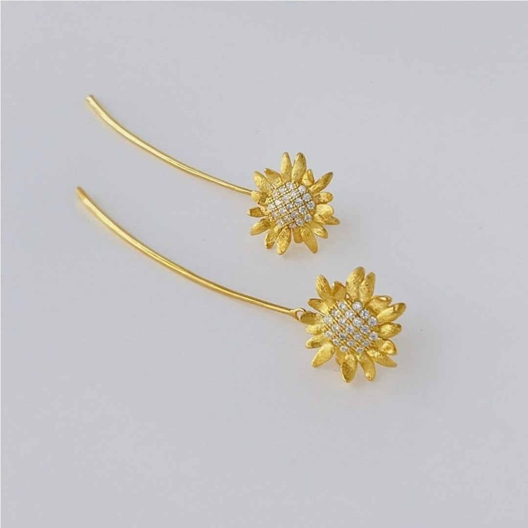 CZ Sunflower Earrings Sparkly Gold Plated S925 gold Close Up - close-up-2