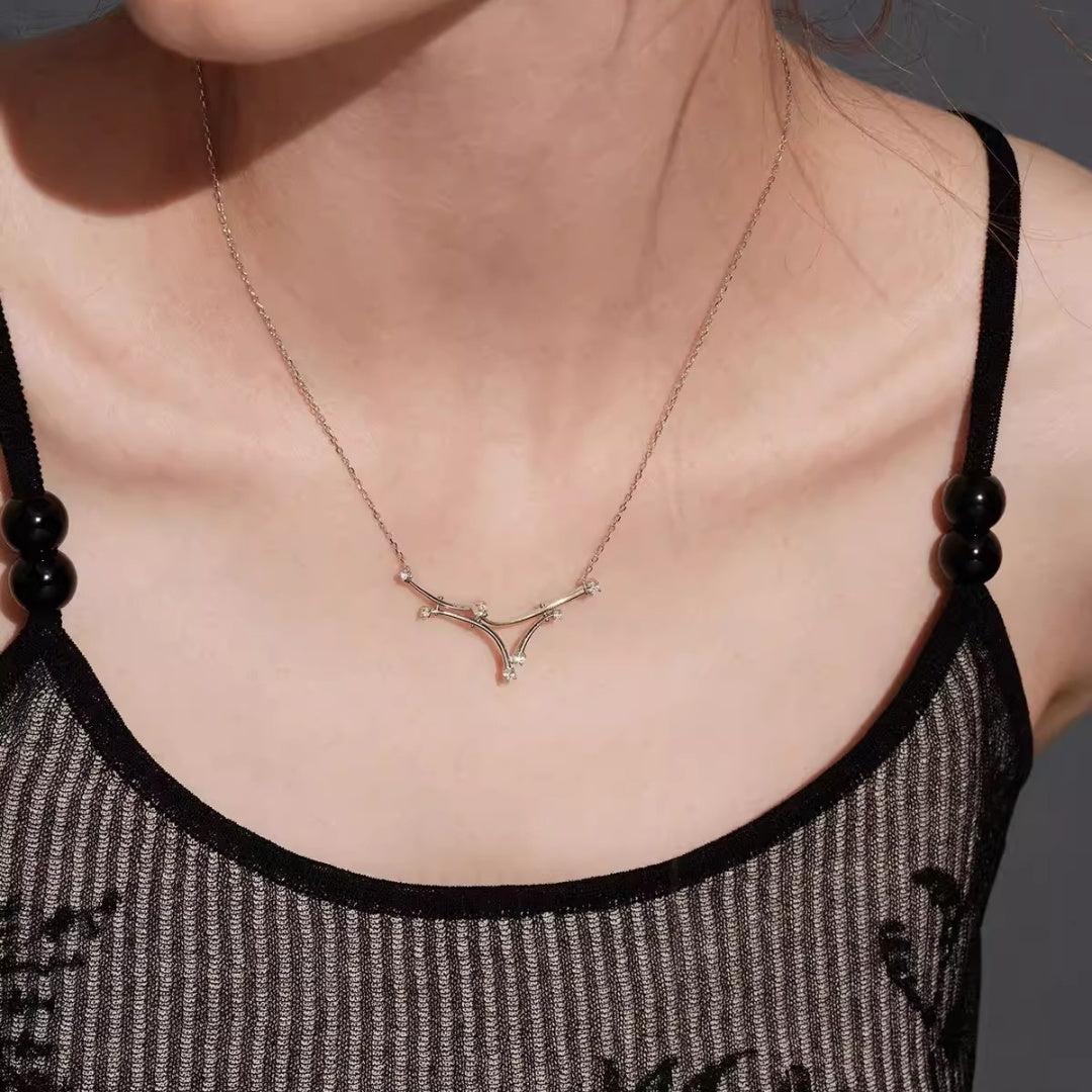 Close-up of a V-shaped vine bridal necklace made of S925 sterling silver with sparkling cubic zirconia, perfect for collarbone accentuation. 1